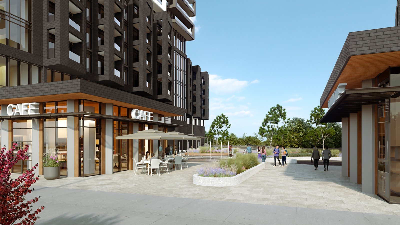 A modern urban plaza with people chatting and walking, featuring a cafe with outdoor seating, contemporary buildings, Sg Homes, and landscaped areas.