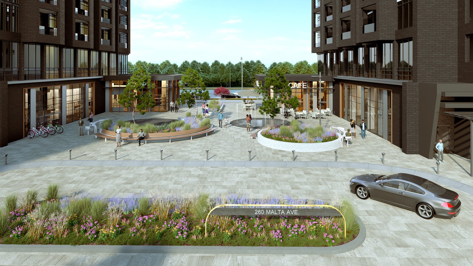 Computer-generated image of an urban plaza featuring New condos, landscaped areas with benches, a central fountain, pedestrians, and parked cars. A sign reads "2601 Malta Ave.