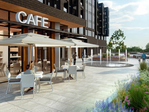 An architectural rendering of a modern café with outdoor seating under large umbrellas, adjacent to sleek New condos. People are casually interacting in a landscaped area with plants and flowers.