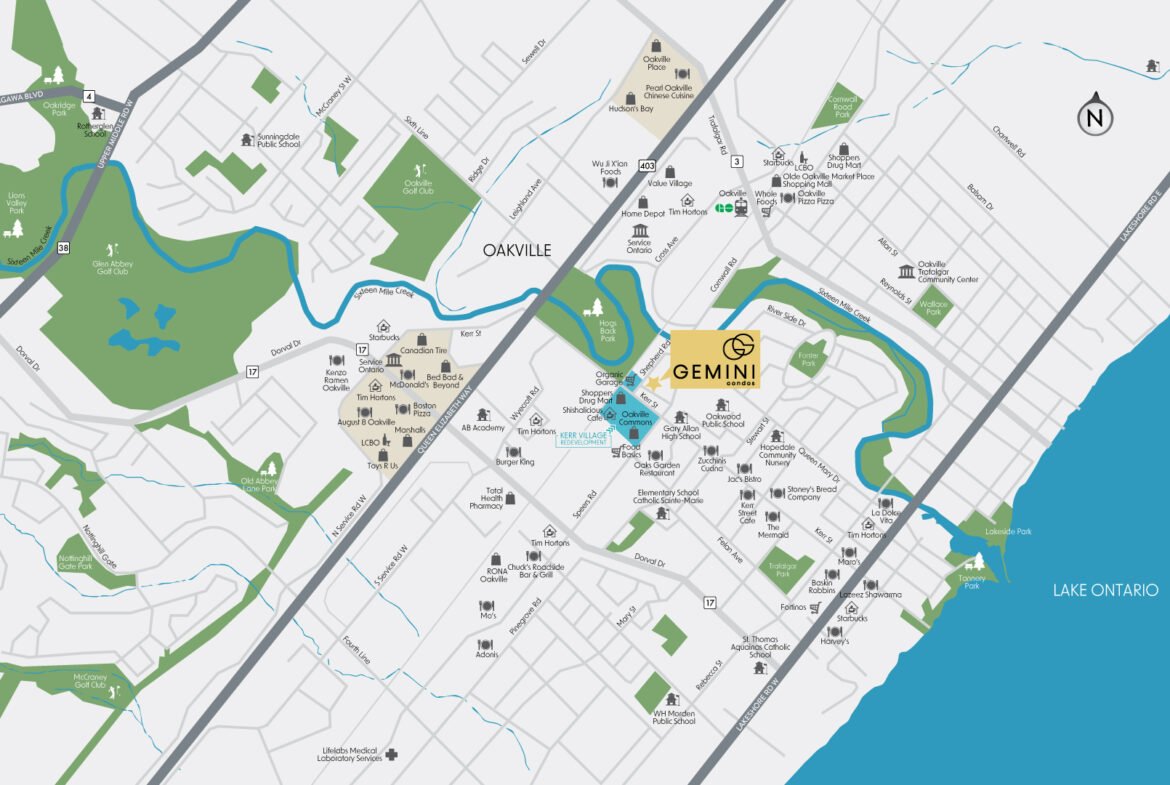 A detailed map of downtown Oakville featuring streets, various landmarks, New condos, and Pre-construction Homes, with Lake Ontario to the southeast and highlighted areas suggesting specific regions like Gemini.