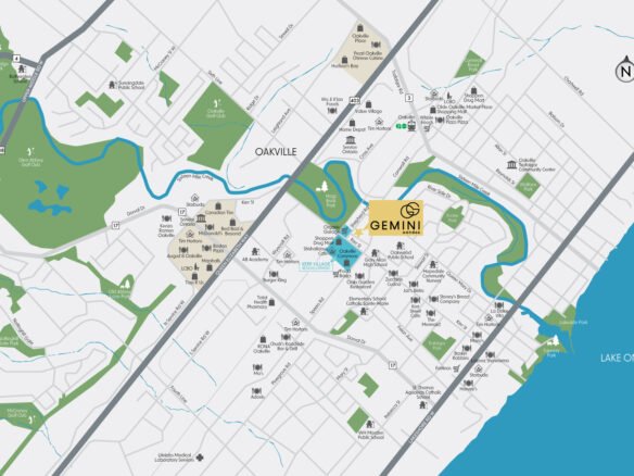 A detailed map of downtown Oakville featuring streets, various landmarks, New condos, and Pre-construction Homes, with Lake Ontario to the southeast and highlighted areas suggesting specific regions like Gemini.