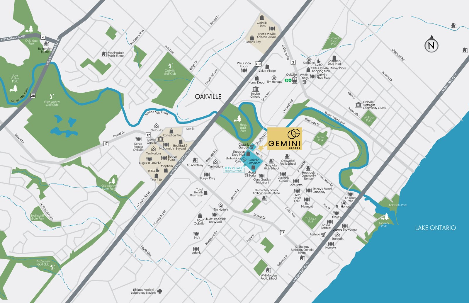 A detailed map of downtown Oakville featuring streets, various landmarks, New condos, and Pre-construction Homes, with Lake Ontario to the southeast and highlighted areas suggesting specific regions like Gemini. A detailed map of downtown Oakville featuring streets, various landmarks, New condos, and Pre-construction Homes, with Lake Ontario to the southeast and highlighted areas suggesting specific regions like Gemini.