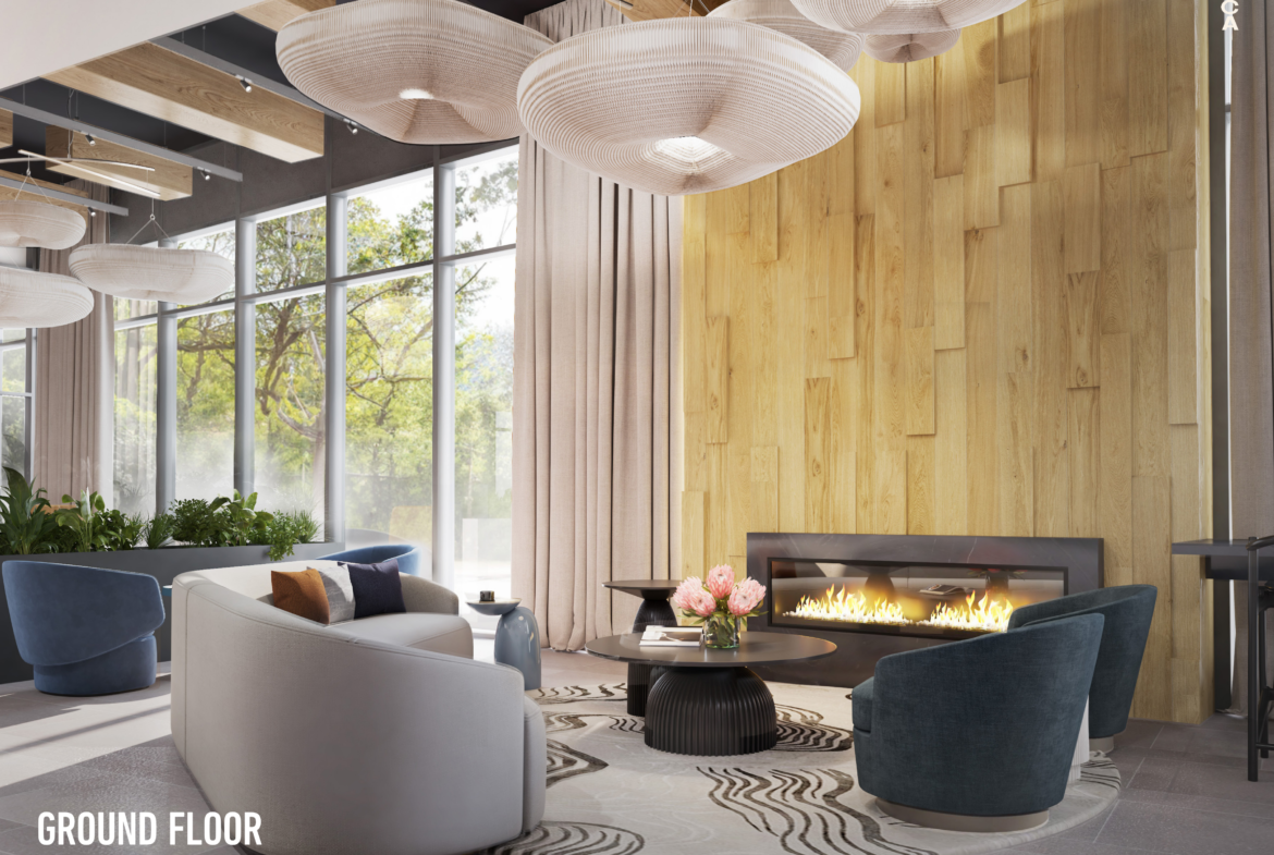 The stylish lounge in new homes features modern armchairs and a coffee table centered around a contemporary fireplace. Large windows allow natural light to enhance the wood-paneled wall, while unique ceiling lights add an artistic touch. Text reads "Ground Floor Lounge.