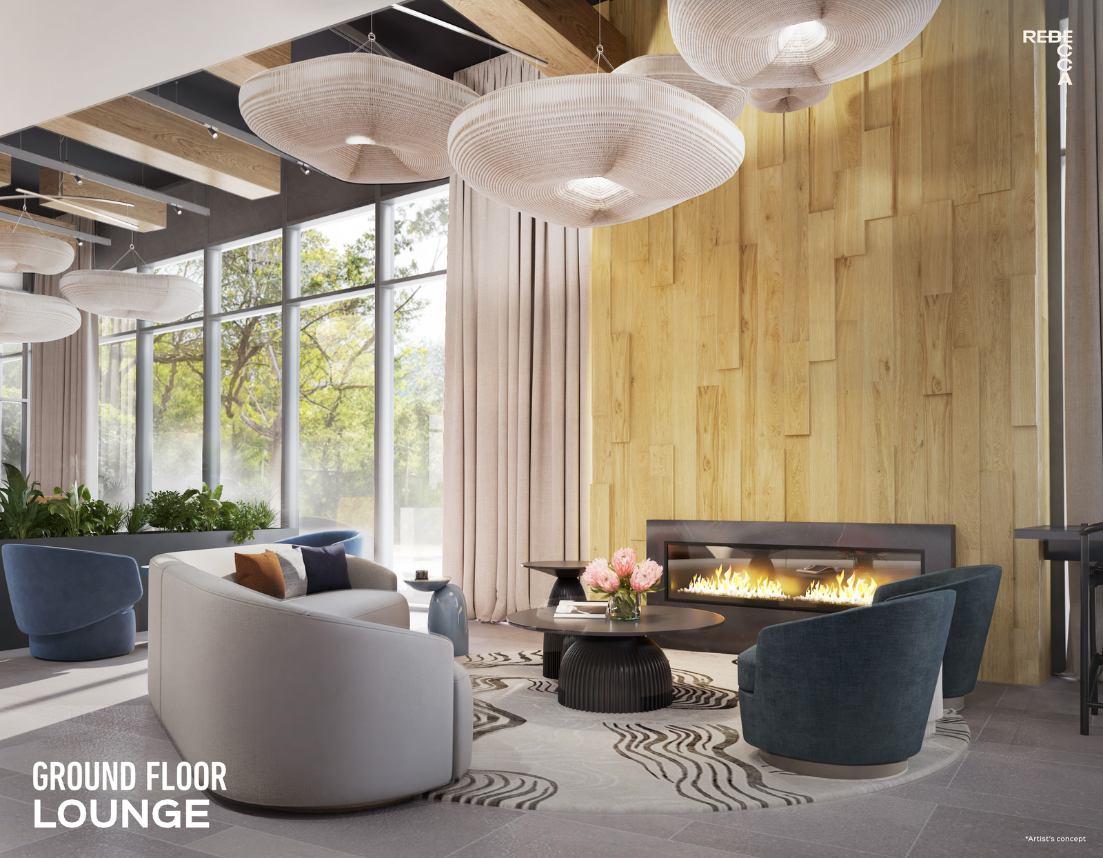 The stylish lounge in new homes features modern armchairs and a coffee table centered around a contemporary fireplace. Large windows allow natural light to enhance the wood-paneled wall, while unique ceiling lights add an artistic touch. Text reads "Ground Floor Lounge.