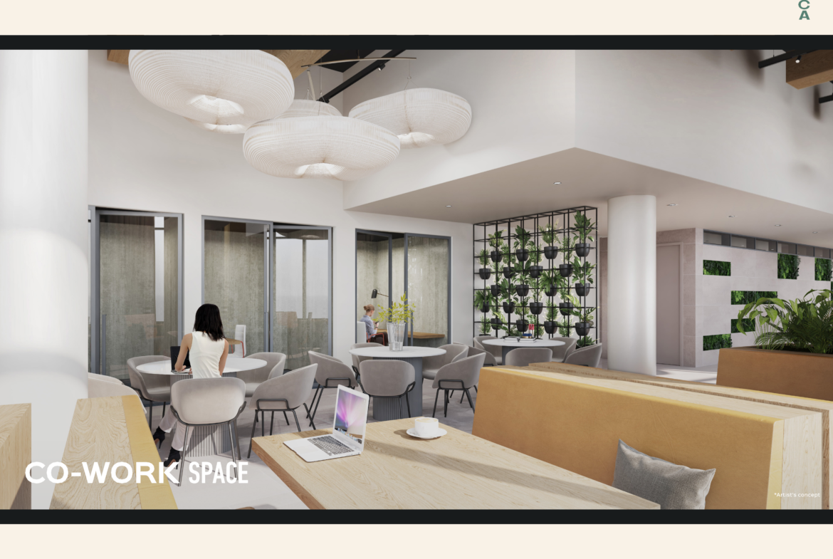 A modern coworking space featuring a mix of seating options including chairs and sofas. A woman sits at a table with her back to the camera, while a laptop is open on a nearby table. The room includes plants, large pendant lights, and contemporary decor. Text reads "CO-WORK SPACE," reflecting the innovation seen in new condos in GTA.