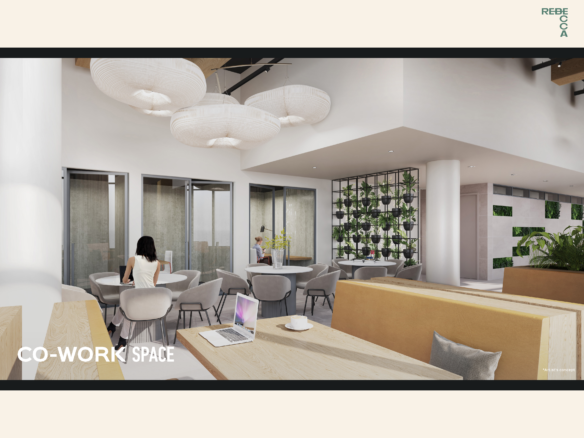 A modern coworking space featuring a mix of seating options including chairs and sofas. A woman sits at a table with her back to the camera, while a laptop is open on a nearby table. The room includes plants, large pendant lights, and contemporary decor. Text reads "CO-WORK SPACE," reflecting the innovation seen in new condos in GTA.