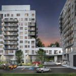 Modern urban residential buildings at dusk with illuminated windows, featuring New condos and Sg Homes, and a parking lot with cars.