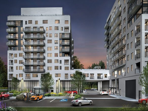 Modern urban residential buildings at dusk with illuminated windows, featuring New condos and Sg Homes, and a parking lot with cars.