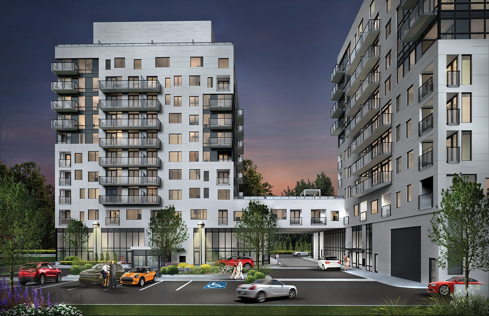 Modern urban residential buildings at dusk with illuminated windows, featuring New condos and Sg Homes, and a parking lot with cars. Modern urban residential buildings at dusk with illuminated windows, featuring New condos and Sg Homes, and a parking lot with cars.
