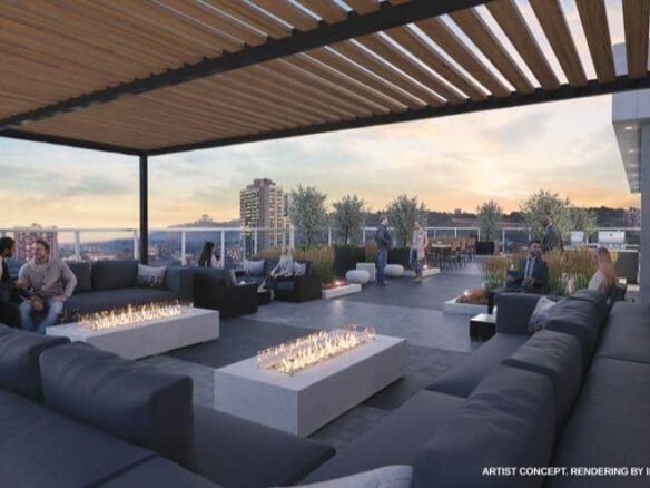 A rooftop lounge with modern seating and fire pits. People are sitting and conversing on dark-colored couches. The space is shaded by a pergola, and the background features a cityscape at sunset, reminiscent of new condos in GTA. Lush plants and contemporary design elements enhance the ambiance.