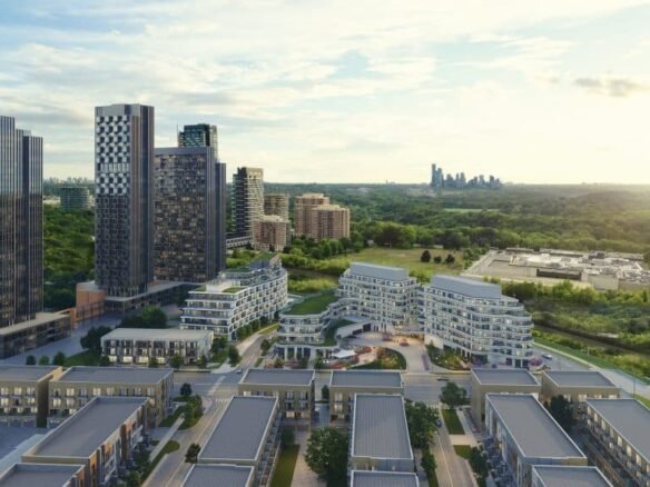 Aerial view of a modern urban development featuring various high-rise buildings and Pre construction Homes surrounded by green spaces, under a clear blue sky with distant cityscape.