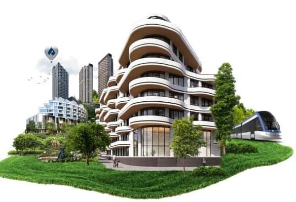 A modern cityscape featuring a futuristic round building with multiple balconies in the foreground, high-rise buildings in the background, lush greenery, a train passing on elevated crosstown tracks, and a hot air balloon in the sky.