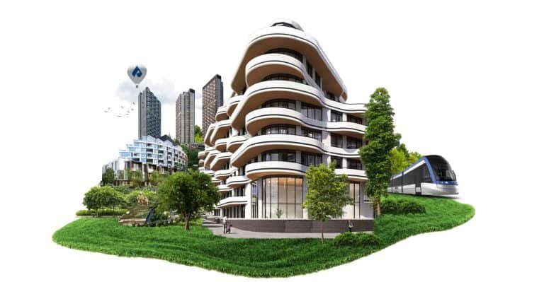 A modern cityscape featuring a futuristic round building with multiple balconies in the foreground, high-rise buildings in the background, lush greenery, a train passing on elevated crosstown tracks, and a hot air balloon in the sky.