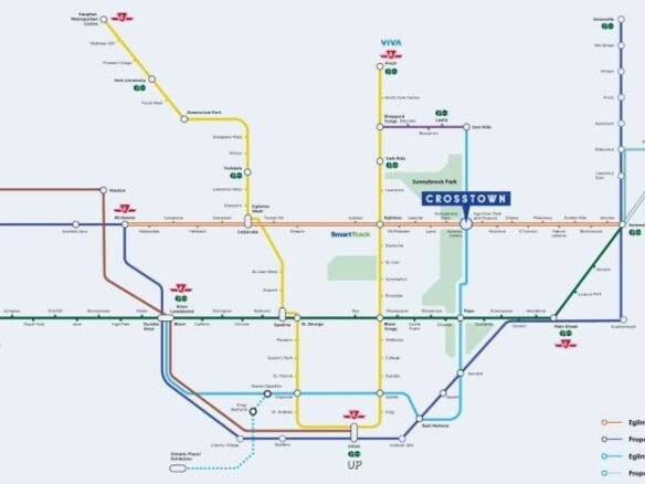 Colorful transit map showing various lines and stops, with legends for different routes and icons for special services, proposed lines, and new condos.