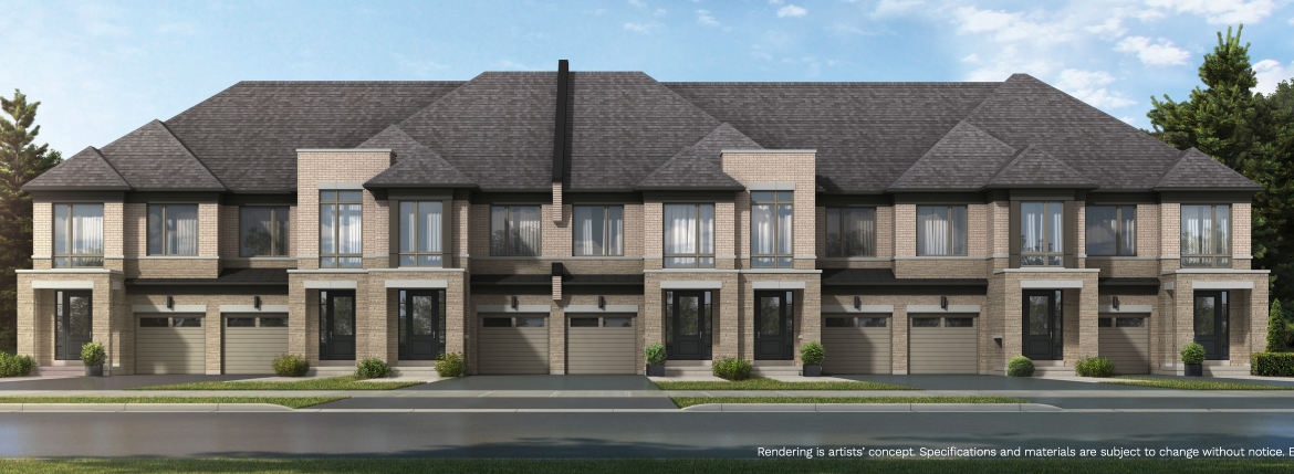 A row of modern two-story townhouses with brick and stone exteriors, featuring garages and large windows, set against a backdrop of blue sky and trees, these new homes in Toronto offer a perfect blend of style and comfort.