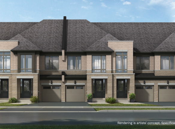 A row of modern two-story townhouses with brick and stone exteriors, featuring garages and large windows, set against a backdrop of blue sky and trees, these new homes in Toronto offer a perfect blend of style and comfort.