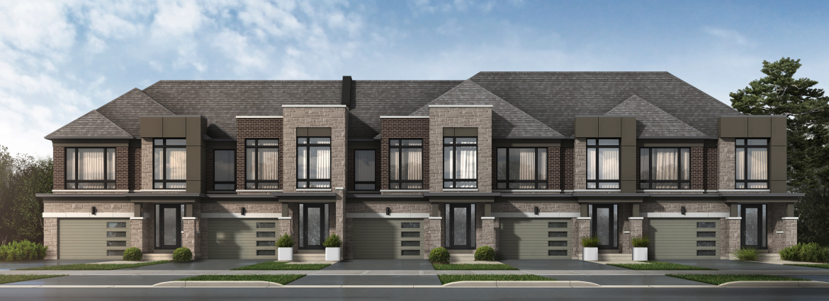 A row of modern, two-story townhouses with brick facades and large windows. Each unit, part of the new homes in Toronto, features a garage and small planters by the entrance. The sky is clear and blue, with trees visible on the right side.