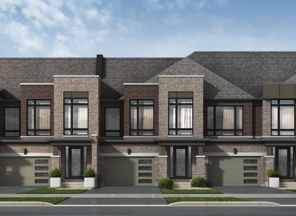 A row of modern, two-story townhouses with brick facades and large windows. Each unit, part of the new homes in Toronto, features a garage and small planters by the entrance. The sky is clear and blue, with trees visible on the right side.