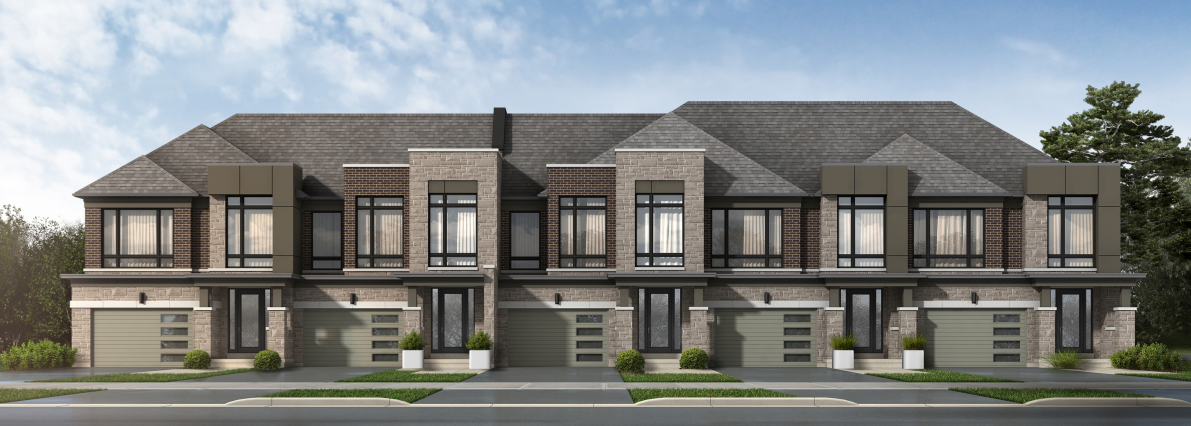 A row of modern, two-story townhouses with brick facades and large windows. Each unit, part of the new homes in Toronto, features a garage and small planters by the entrance. The sky is clear and blue, with trees visible on the right side. A row of modern, two-story townhouses with brick facades and large windows. Each unit, part of the new homes in Toronto, features a garage and small planters by the entrance. The sky is clear and blue, with trees visible on the right side.