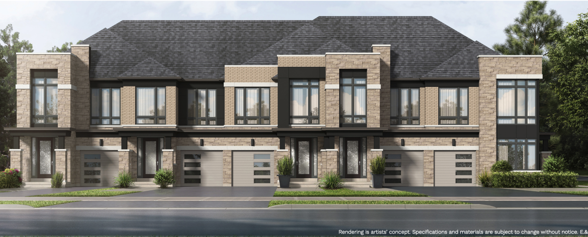 A row of modern two-story townhouses with brick and stone exteriors stands proudly, featuring large windows and single garages. These new homes are set against a backdrop of trees under a clear sky.