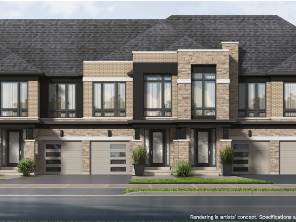 A row of modern two-story townhouses with brick and stone exteriors stands proudly, featuring large windows and single garages. These new homes are set against a backdrop of trees under a clear sky.