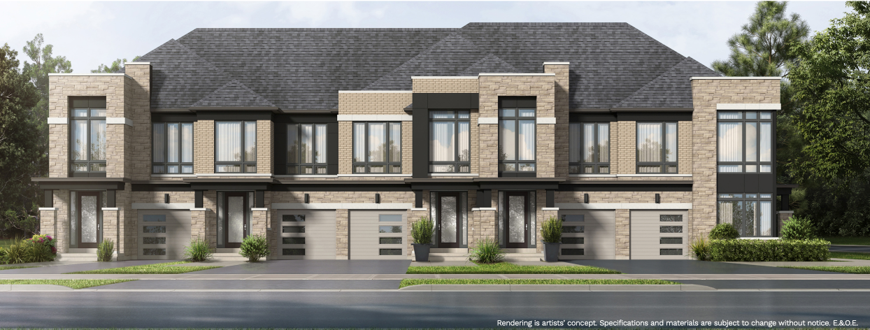 A row of modern two-story townhouses with brick and stone exteriors stands proudly, featuring large windows and single garages. These new homes are set against a backdrop of trees under a clear sky. A row of modern two-story townhouses with brick and stone exteriors stands proudly, featuring large windows and single garages. These new homes are set against a backdrop of trees under a clear sky.