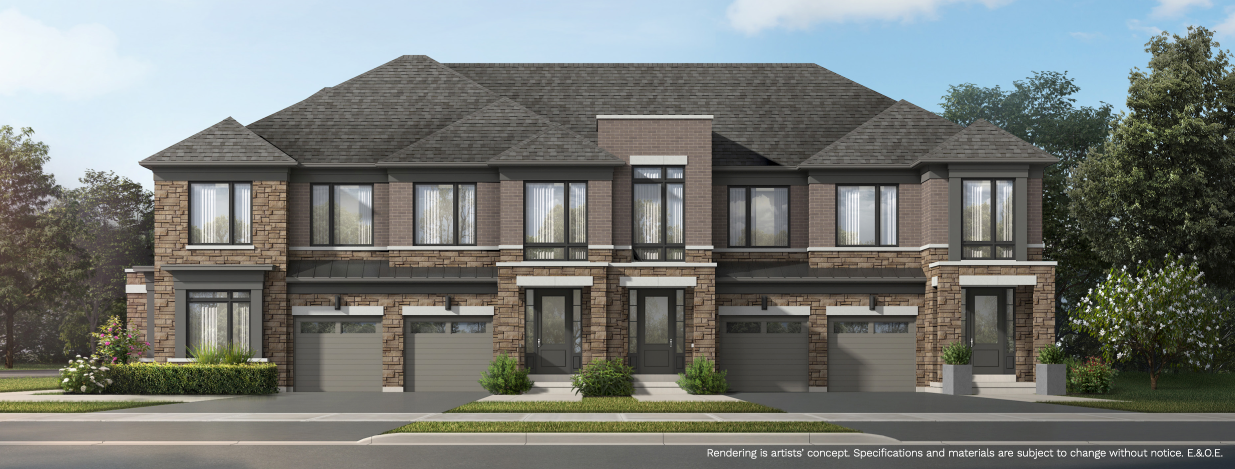 A modern townhouse complex with brick and stone exterior features two stories and attached garages. The building is surrounded by neatly trimmed bushes and trees under a clear blue sky, offering an appealing option for those seeking new condos in Brampton. A modern townhouse complex with brick and stone exterior features two stories and attached garages. The building is surrounded by neatly trimmed bushes and trees under a clear blue sky, offering an appealing option for those seeking new condos in Brampton.