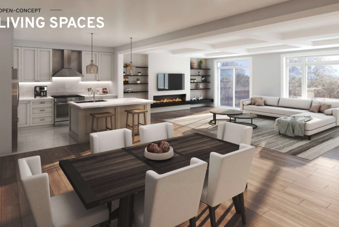 Discover a spacious open-concept living area in this new home, featuring a kitchen with an island, a dining table, and a cozy living room. Large windows let natural light illuminate the stylish space enhanced by a modern fireplace and wall-mounted TV. Ideal for those seeking new homes in Toronto.