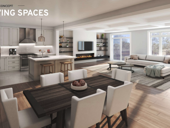 Discover a spacious open-concept living area in this new home, featuring a kitchen with an island, a dining table, and a cozy living room. Large windows let natural light illuminate the stylish space enhanced by a modern fireplace and wall-mounted TV. Ideal for those seeking new homes in Toronto.