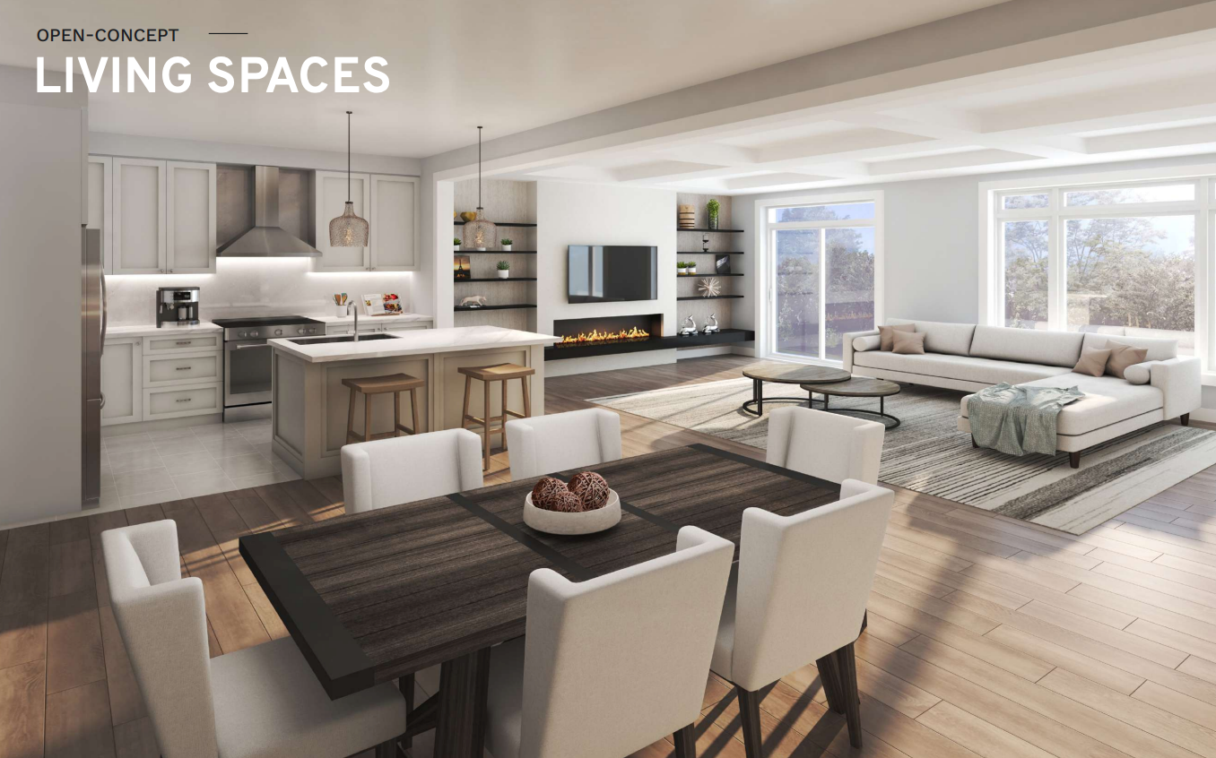 Discover a spacious open-concept living area in this new home, featuring a kitchen with an island, a dining table, and a cozy living room. Large windows let natural light illuminate the stylish space enhanced by a modern fireplace and wall-mounted TV. Ideal for those seeking new homes in Toronto. Discover a spacious open-concept living area in this new home, featuring a kitchen with an island, a dining table, and a cozy living room. Large windows let natural light illuminate the stylish space enhanced by a modern fireplace and wall-mounted TV. Ideal for those seeking new homes in Toronto.