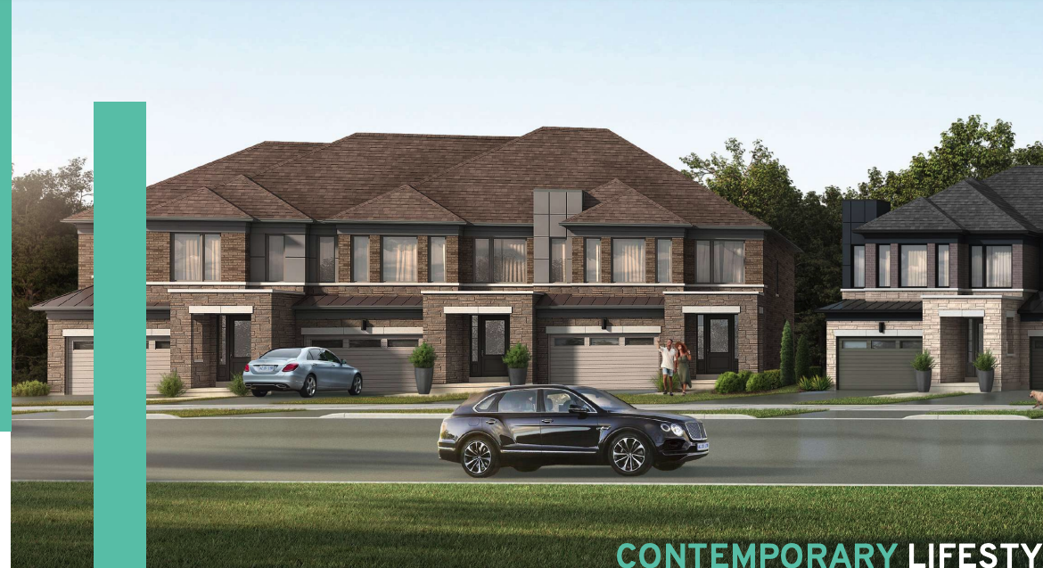 Street view of modern two-story houses with brick and siding exteriors. A car is parked in one driveway, while another drives by. Lush greenery surrounds these new homes, capturing the essence of a contemporary lifestyle in Toronto.