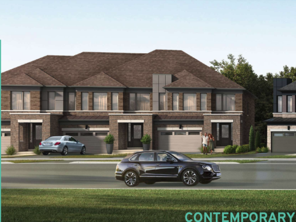 Street view of modern two-story houses with brick and siding exteriors. A car is parked in one driveway, while another drives by. Lush greenery surrounds these new homes, capturing the essence of a contemporary lifestyle in Toronto.
