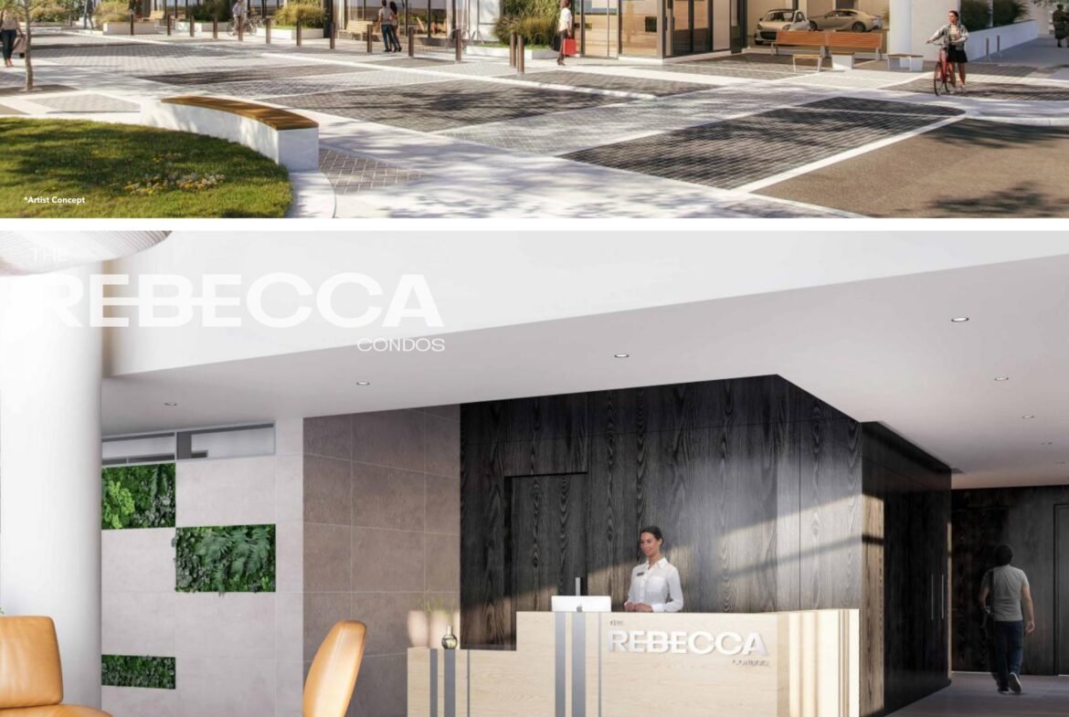 Rebecca is a modern mixed-use building with a glass entrance, lobby with reception desk, co-working space with seating and workstations, and a fitness center. The exterior features green spaces and street-level retail. Experience the future of urban living with pre-construction homes in GTA at Rebecca.