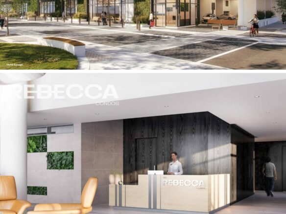 Rebecca is a modern mixed-use building with a glass entrance, lobby with reception desk, co-working space with seating and workstations, and a fitness center. The exterior features green spaces and street-level retail. Experience the future of urban living with pre-construction homes in GTA at Rebecca.