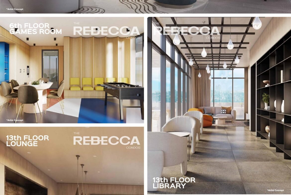 A collage image showcasing various amenities at "The Rebecca." Includes images of the 1st Floor Lounge with modern furniture and fireplace, the 8th Floor Games Room with game tables, the 13th Floor Lounge, and the 13th Floor Library with bookshelves and seating—perfect for those interested in new condos in GTA.