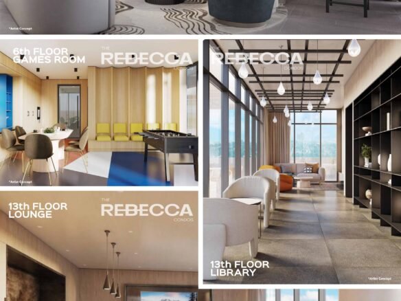 A collage image showcasing various amenities at "The Rebecca." Includes images of the 1st Floor Lounge with modern furniture and fireplace, the 8th Floor Games Room with game tables, the 13th Floor Lounge, and the 13th Floor Library with bookshelves and seating—perfect for those interested in new condos in GTA.