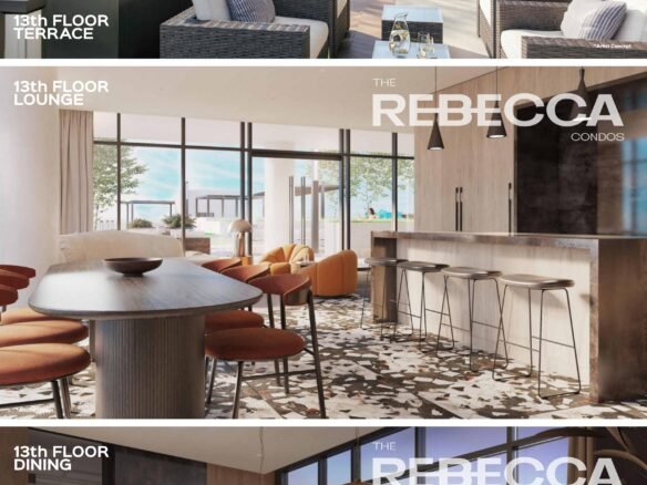 A three-panel image showcases luxurious areas of "The Rebecca Condos," one of the premier new condos in GTA. The first panel shows a terrace with seating and greenery, overlooking a city. The second features a lounge with modern seating and bar, while the third highlights a stylish dining area with large windows.