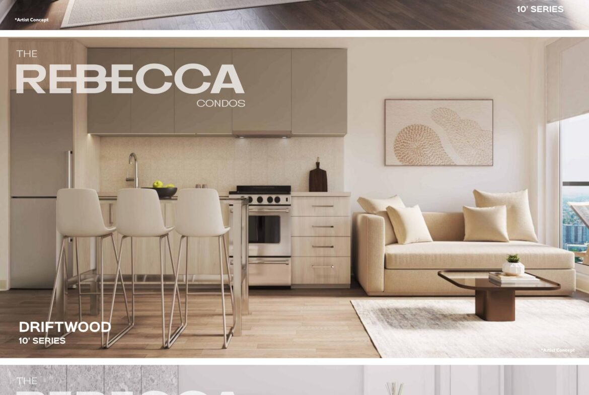A multi-paneled image showcases three modern, open-concept condo interiors from "The Rebecca" series, highlighting sought-after new condos in GTA. Top: Living room with large windows. Middle: Kitchen with bar stools and adjacent seating area. Bottom: Minimalist bathroom with a bathtub, toilet, and vanity.