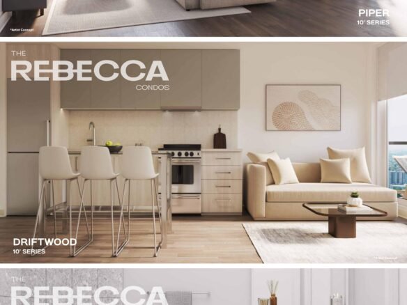 A multi-paneled image showcases three modern, open-concept condo interiors from "The Rebecca" series, highlighting sought-after new condos in GTA. Top: Living room with large windows. Middle: Kitchen with bar stools and adjacent seating area. Bottom: Minimalist bathroom with a bathtub, toilet, and vanity.