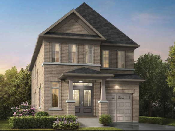 This charming two-story brick house with a dark grey roof and white trim includes a welcoming front porch with columns, double front doors, and a single garage. Surrounded by green shrubs and trees under a clear sky, it epitomizes the elegance of new homes in Brampton.