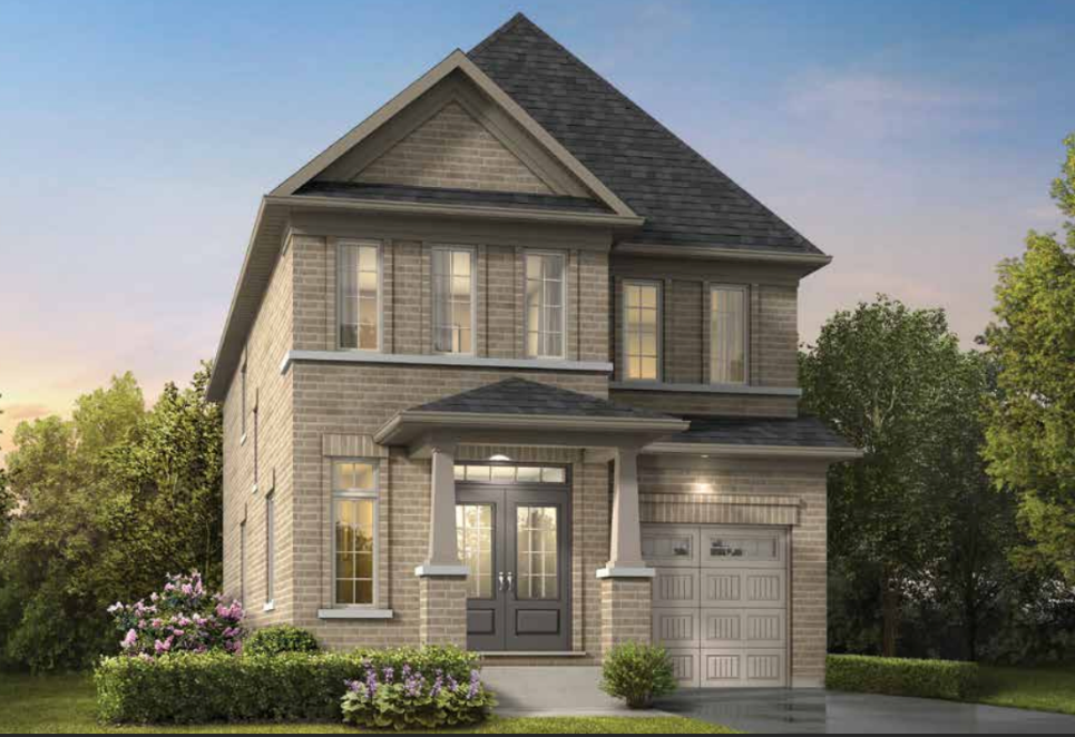 This charming two-story brick house with a dark grey roof and white trim includes a welcoming front porch with columns, double front doors, and a single garage. Surrounded by green shrubs and trees under a clear sky, it epitomizes the elegance of new homes in Brampton.