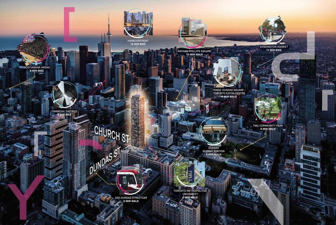 As dusk settles over the city, an aerial view reveals highlighted landmarks such as an airport, arena, and vibrant market square. Skyscrapers tower by the waterfront under a colorful sky, while pre-construction homes add a fresh touch to the evolving landscape.