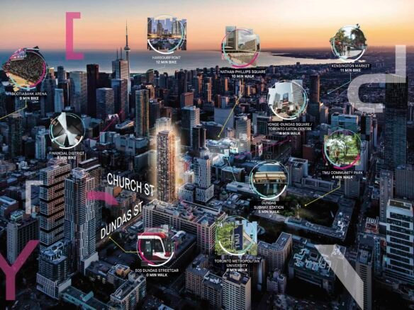 As dusk settles over the city, an aerial view reveals highlighted landmarks such as an airport, arena, and vibrant market square. Skyscrapers tower by the waterfront under a colorful sky, while pre-construction homes add a fresh touch to the evolving landscape.