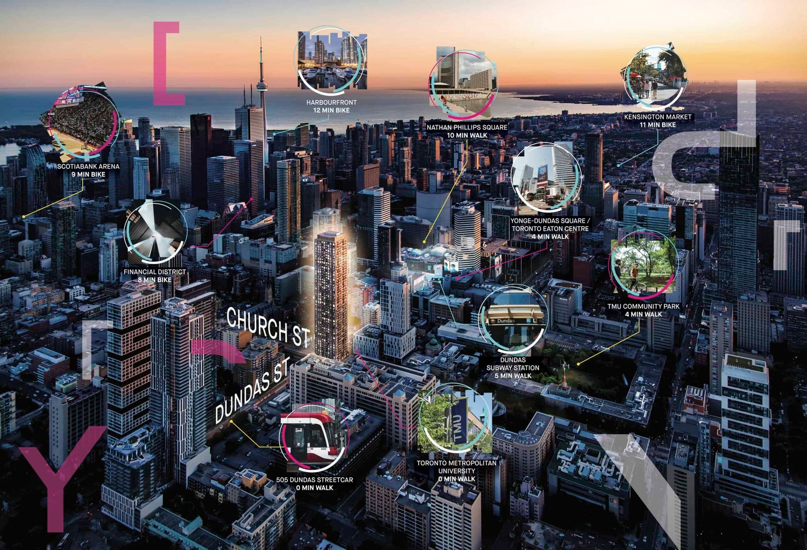 As dusk settles over the city, an aerial view reveals highlighted landmarks such as an airport, arena, and vibrant market square. Skyscrapers tower by the waterfront under a colorful sky, while pre-construction homes add a fresh touch to the evolving landscape.