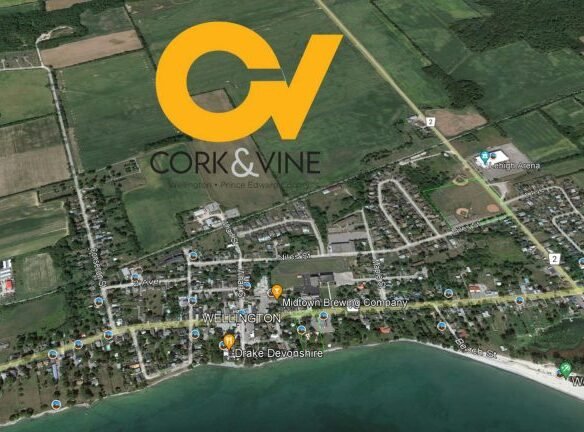 Aerial view of a town with roads, green fields, and a coastline. The text "Cork & Vine" is prominently displayed over the image, highlighting new homes nestled among various buildings and landmarks within the town layout.