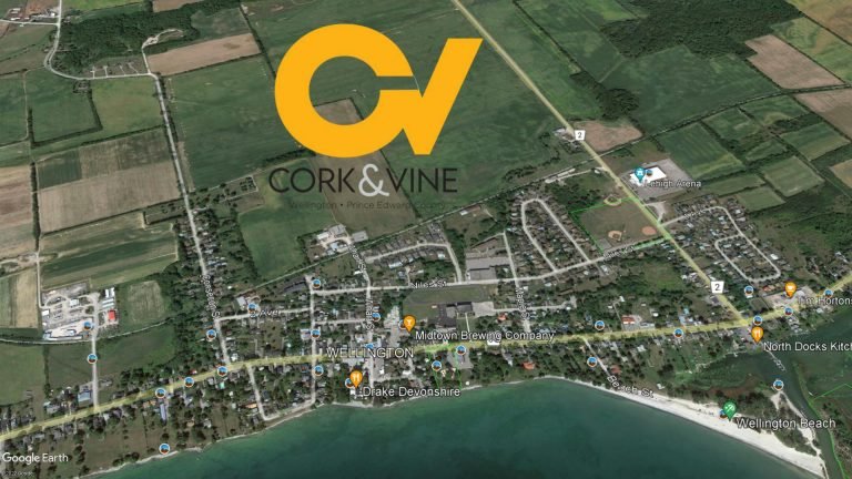 Aerial view of a town with roads, green fields, and a coastline. The text "Cork & Vine" is prominently displayed over the image, highlighting new homes nestled among various buildings and landmarks within the town layout.