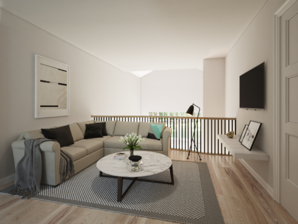 A modern living room in one of the new condos in GTA features a beige sectional sofa with black cushions and a gray throw. A round marble coffee table rests on a gray rug. A flat-screen TV is mounted on the wall, and a floor lamp stands beside a railing overlooking greenery.