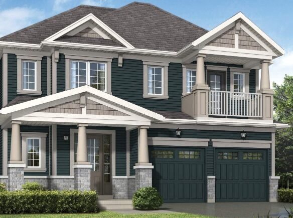 A two-story house with green siding, white trim, and a gray shingled roof in one of the new homes in GTA. It features large windows, a double garage, and a front porch with columns. The surrounding area is landscaped with shrubs and a lawn under a clear blue sky.