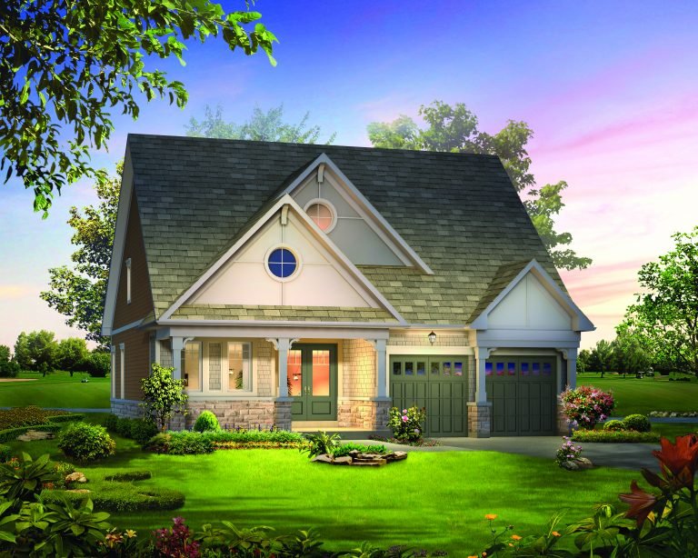 A charming new home with a steep roof, circular window, and green doors stands amid a lush garden. The sky is a gradient of blue and pink, suggesting sunrise or sunset. Surrounding trees and manicured lawns complete the serene setting in this pre-construction gem.