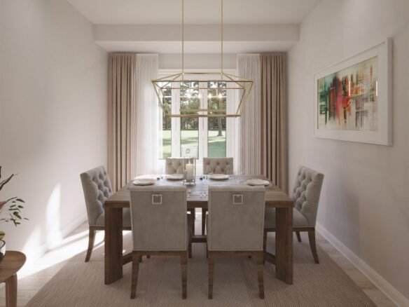 A modern dining room in one of the new homes in GTA features a wooden table set for six, with tufted gray chairs. A geometric chandelier hangs above, and a bright window with sheer curtains provides natural light. Abstract art decorates the wall, adding a creative touch.